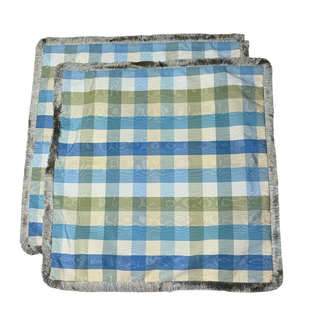 2 Plaid 27.5" SQ Throw Pillow Covers Silky Blue Green Fringe Trim Hidden Zip